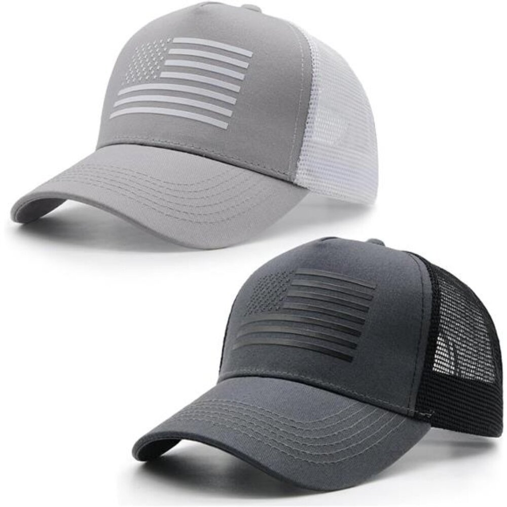 2 Pack American Flag Trucker Hat Adjustable Mesh Snapback USA Baseball Cap